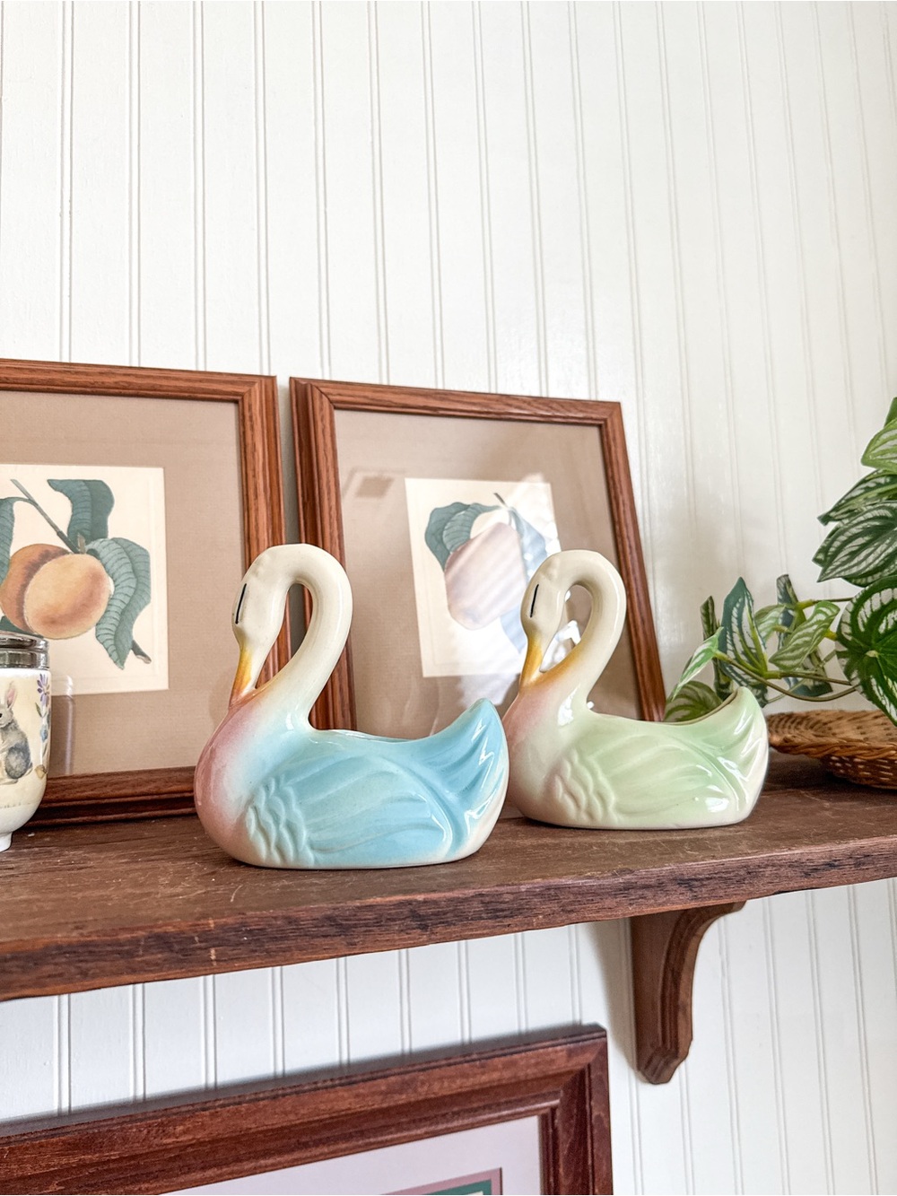 Vintage Ceramic Swan Planters Pair in Pastel Blue & Green
